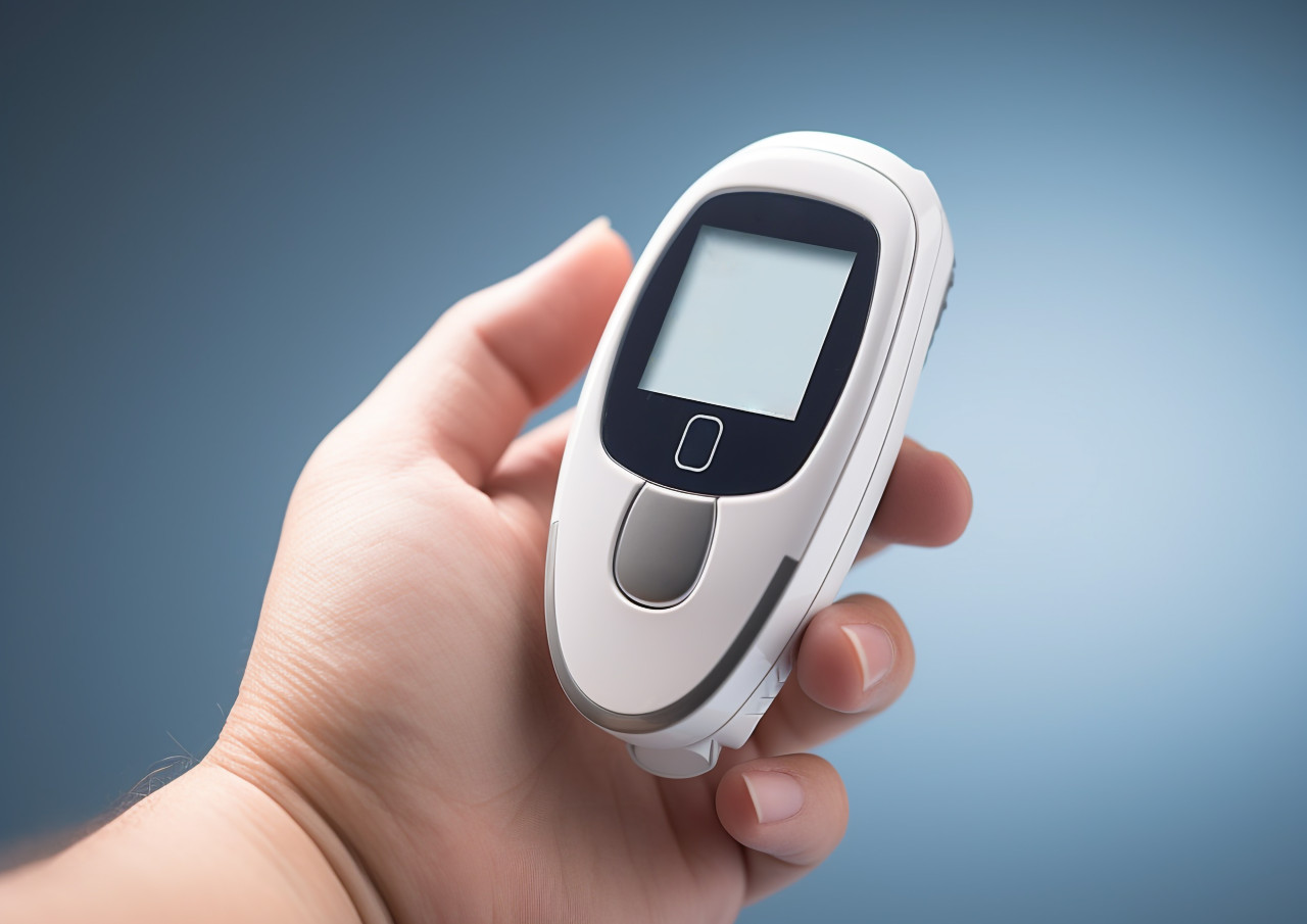 Diabetic checking blood sugar with glucometer, diabetes concept