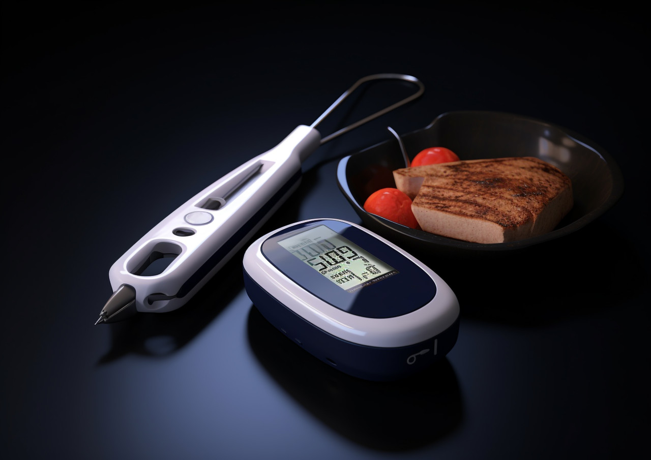 A digital glucometer is placed in front of a dark background, diabetes concept