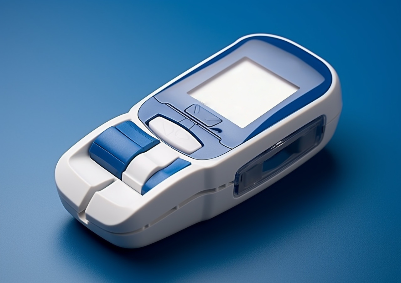 A blue and white glucometer with a digital display, diabetes concept