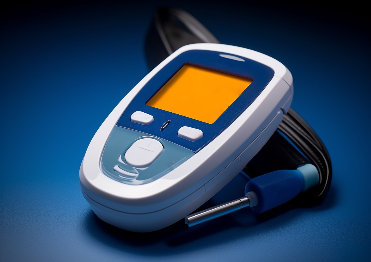 Blue and white glucometer with digital display, diabetes concept