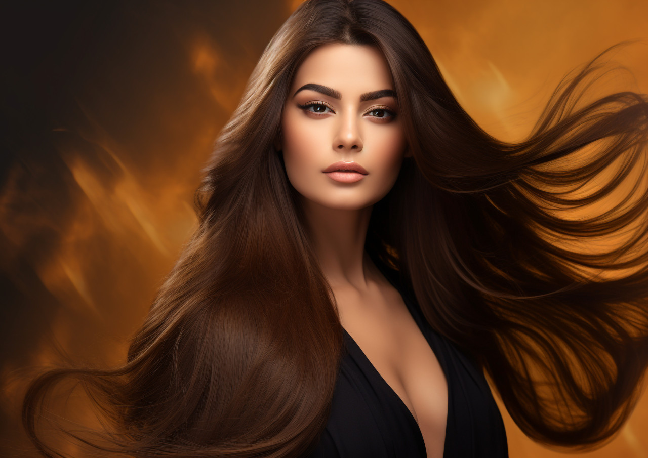 Young woman with long dark brown hair posing, beautiful girl with long hair