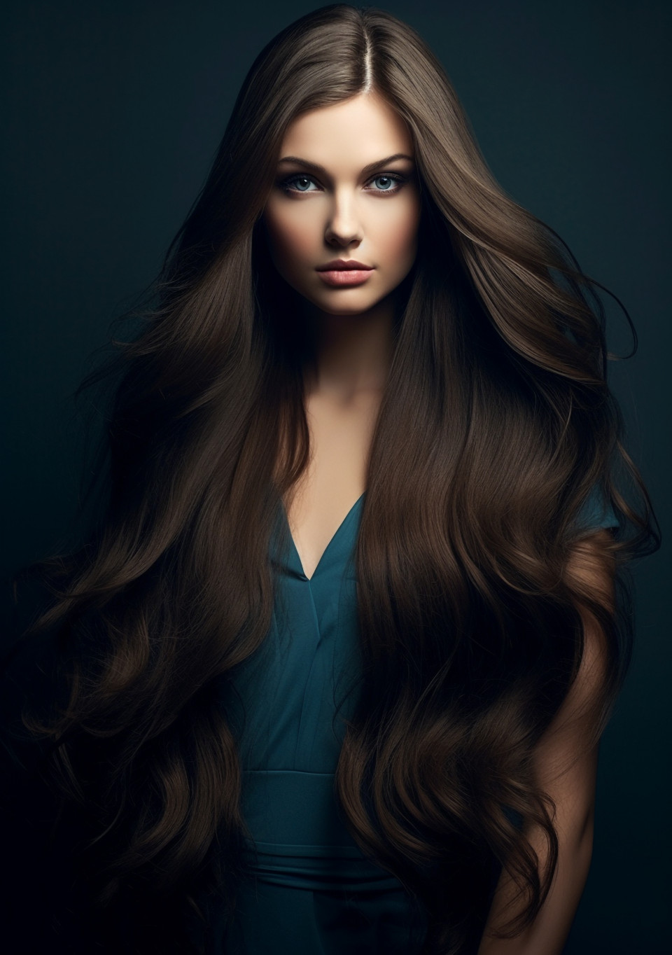 A young woman has dark and heavy long hair, beautiful girl with long hair