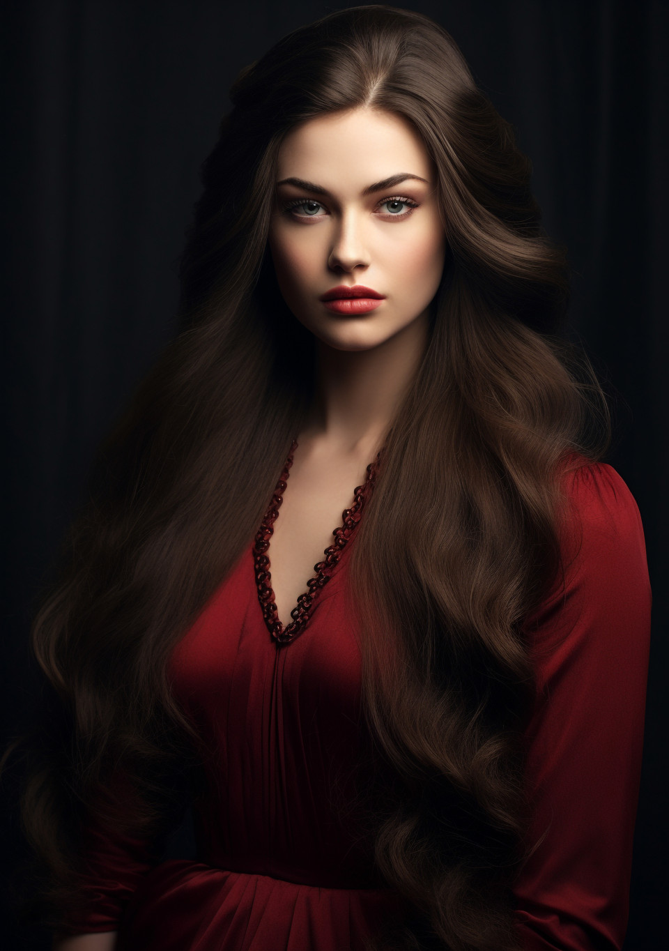 Her long dark hair is long and straight, beautiful girl with long hair