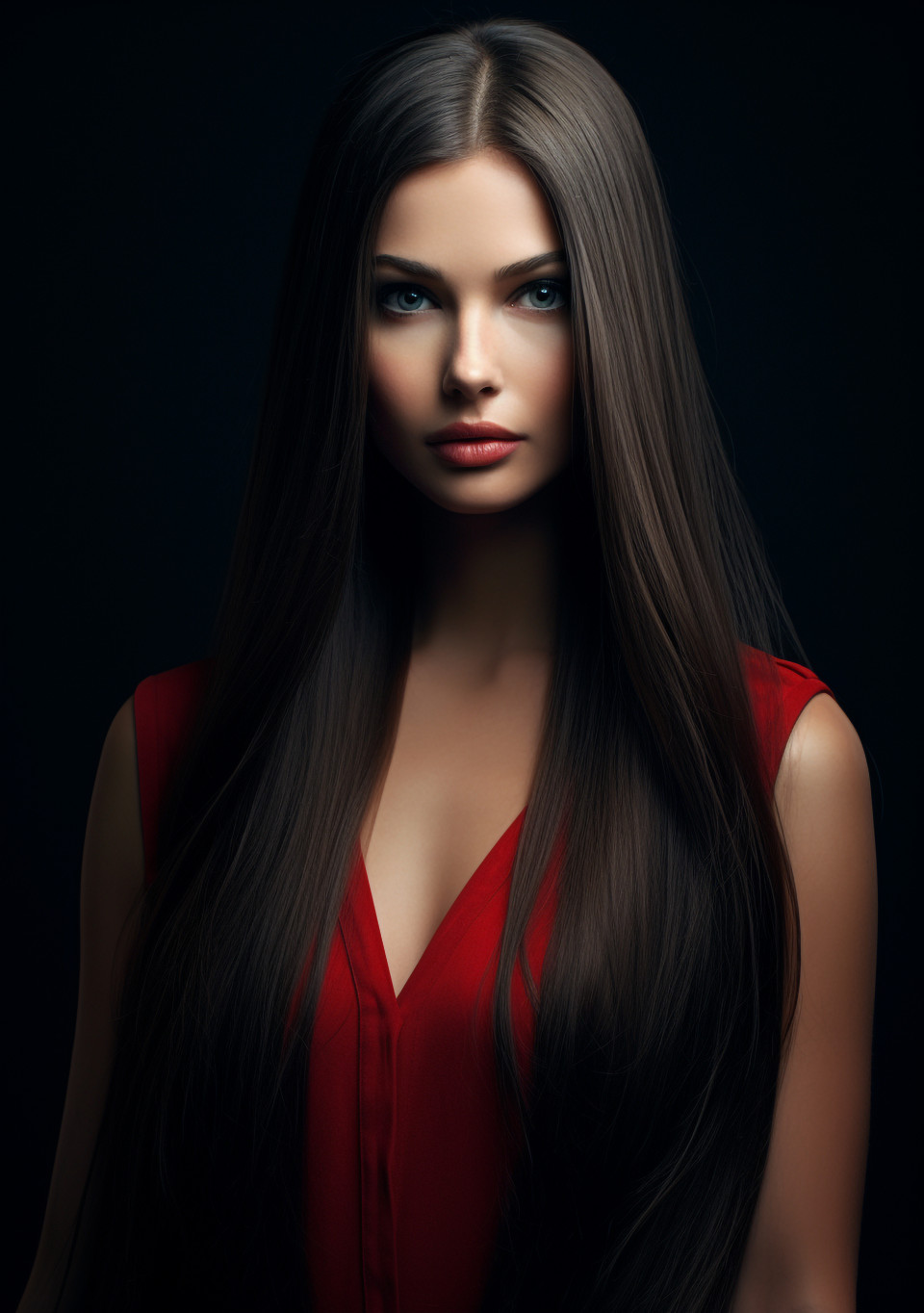 Young woman with long black hair, beautiful girl with long hair