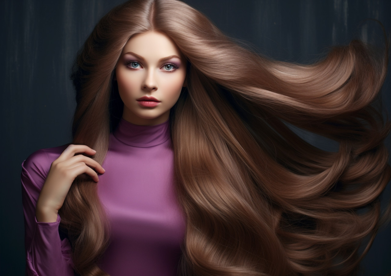 Woman with long hair holding it up, beautiful girl with long hair