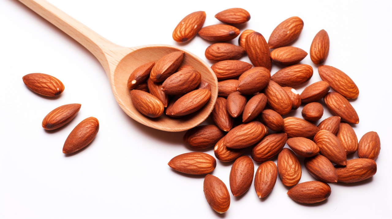 Image of almonds in a wooden spoon on a white background, almond image
