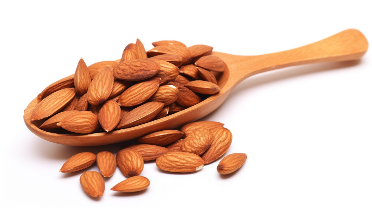 Almonds in wooden spoon on white background, almond image