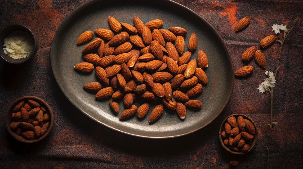 Almonds on plate on table on concrete, almond image