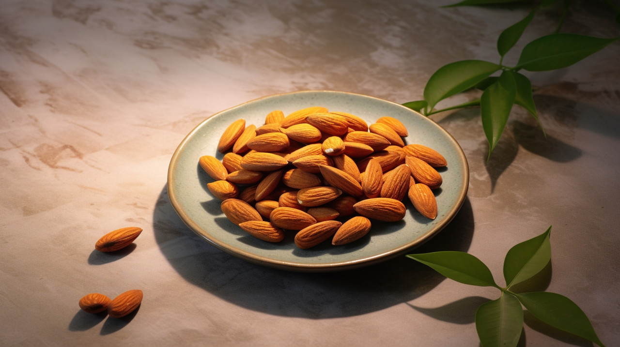 Almonds in a plate on a concrete floor, almond image