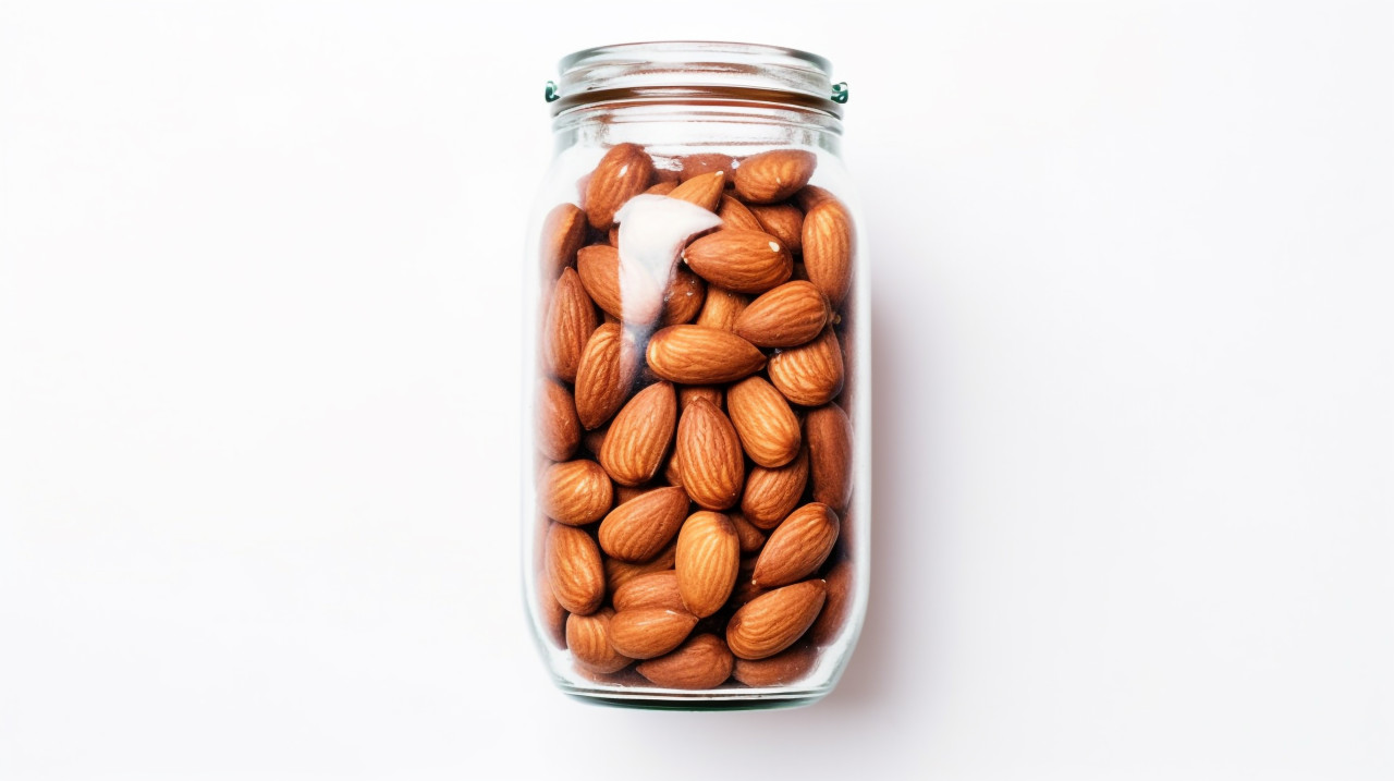 Clear glass jar of almonds on white background, almond image