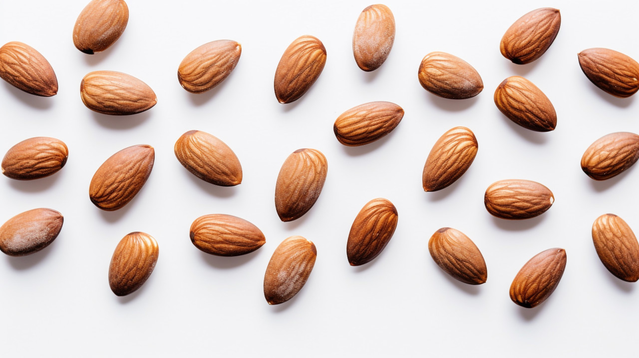 Some almonds are on a white background, almond image