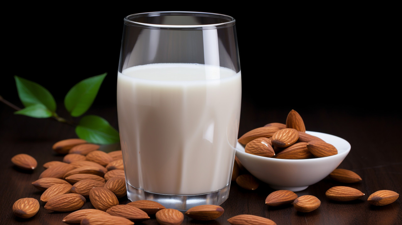 Almond milk in a glass with some almonds, almond image