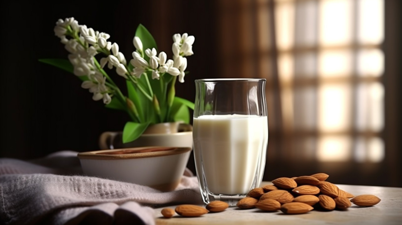 A glass of almond milk with almonds, almond image
