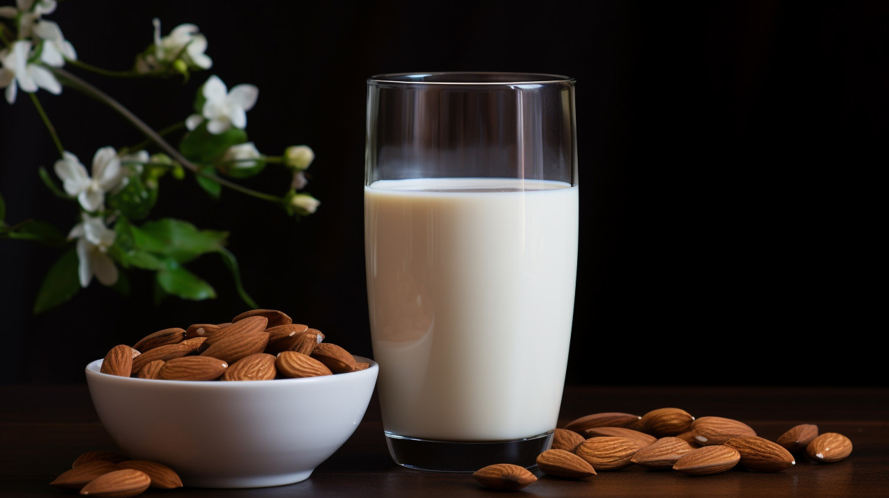 Glass of almond milk on white background, almond image