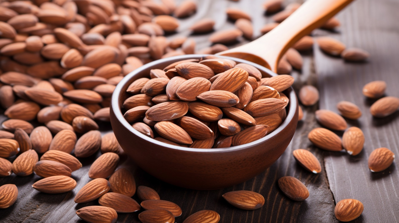 A bowl of almonds with a spoon, almond image