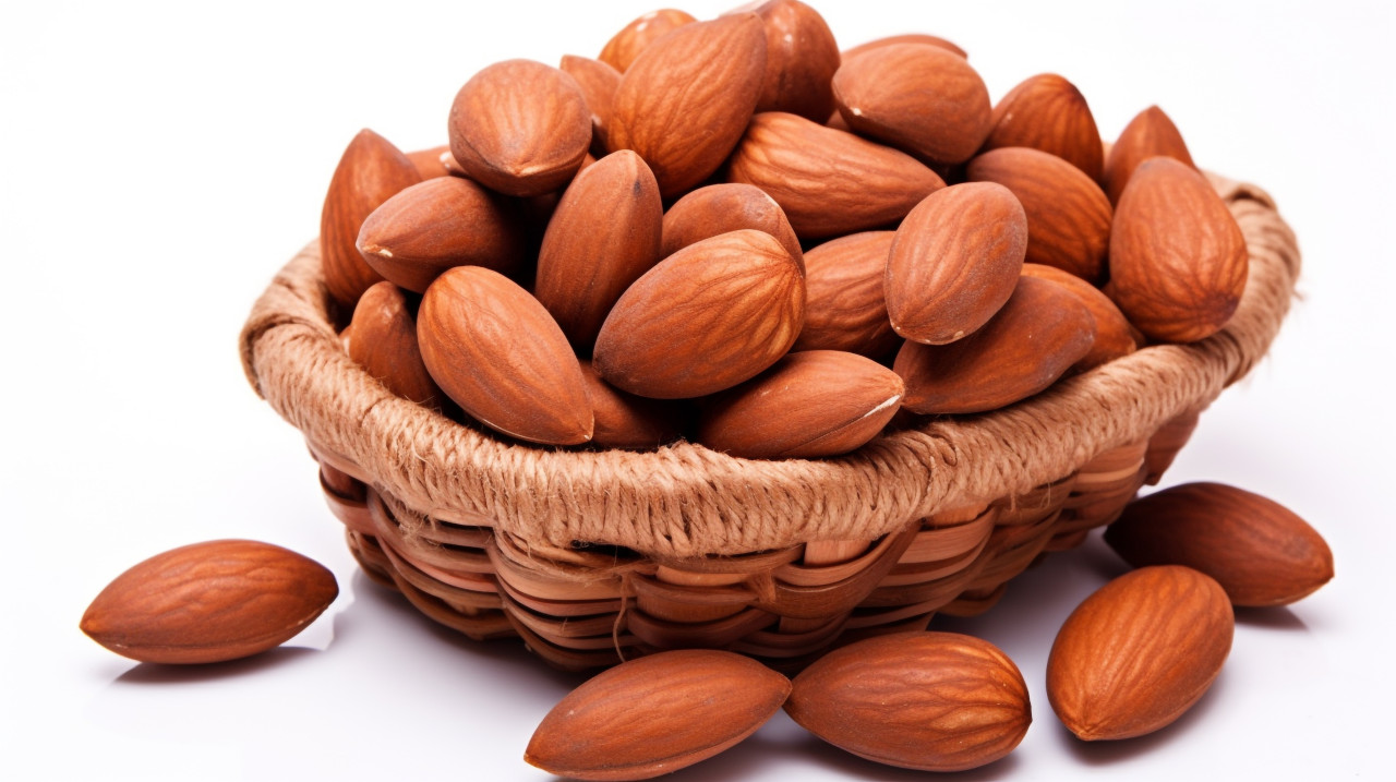 A basket of freshly picked almonds sits on a white background, almond image