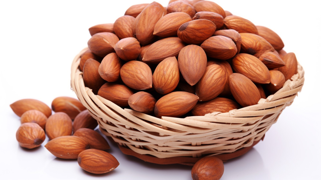 Freshly picked almonds in a white basket, almond image