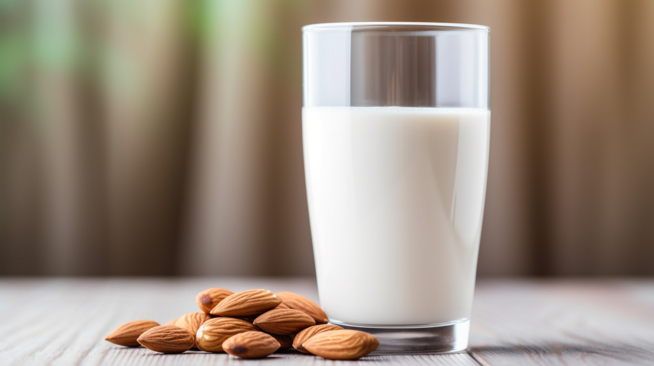 Glass of almond milk in the distance, almond image