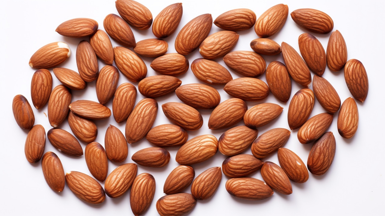 A close-up shot of a handful of almonds, almond image