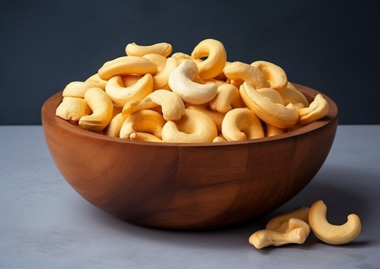 Cashews in wooden bowl on a grey surface, cashew image