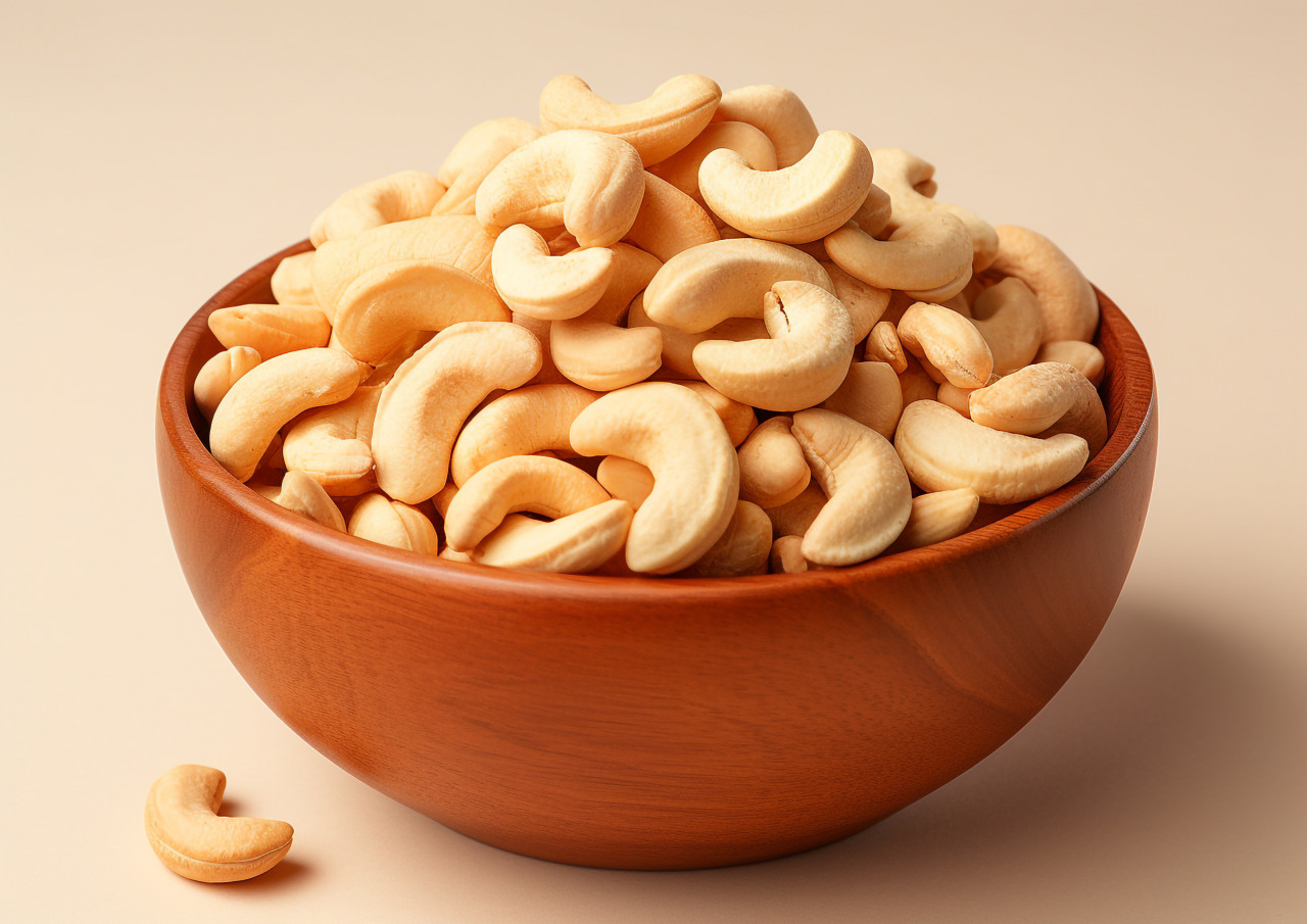 A wooden bowl filled with freshly chopped cashews, cashew image