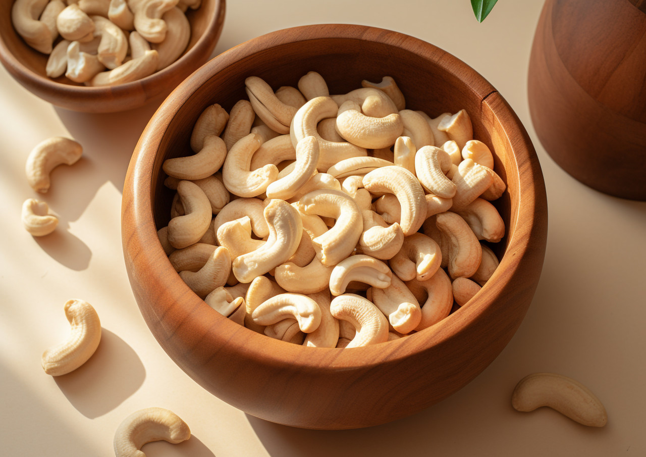 Freshly chopped cashews in wooden bowl, cashew image