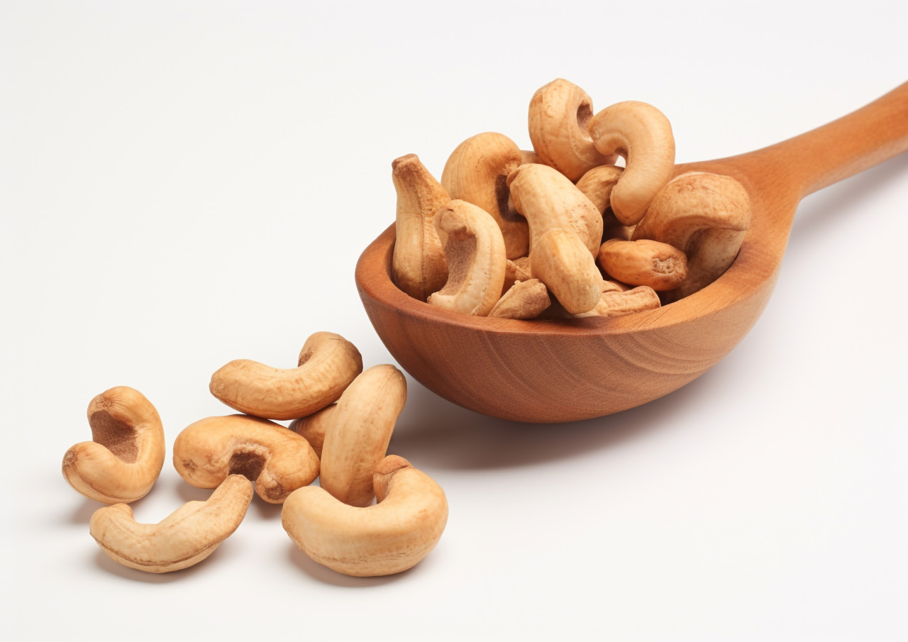 Cashew nuts in a wooden spoon on a white background, cashew image