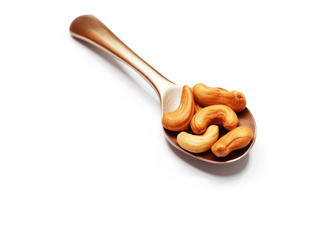 A spoon with cashews on a white background, cashew image