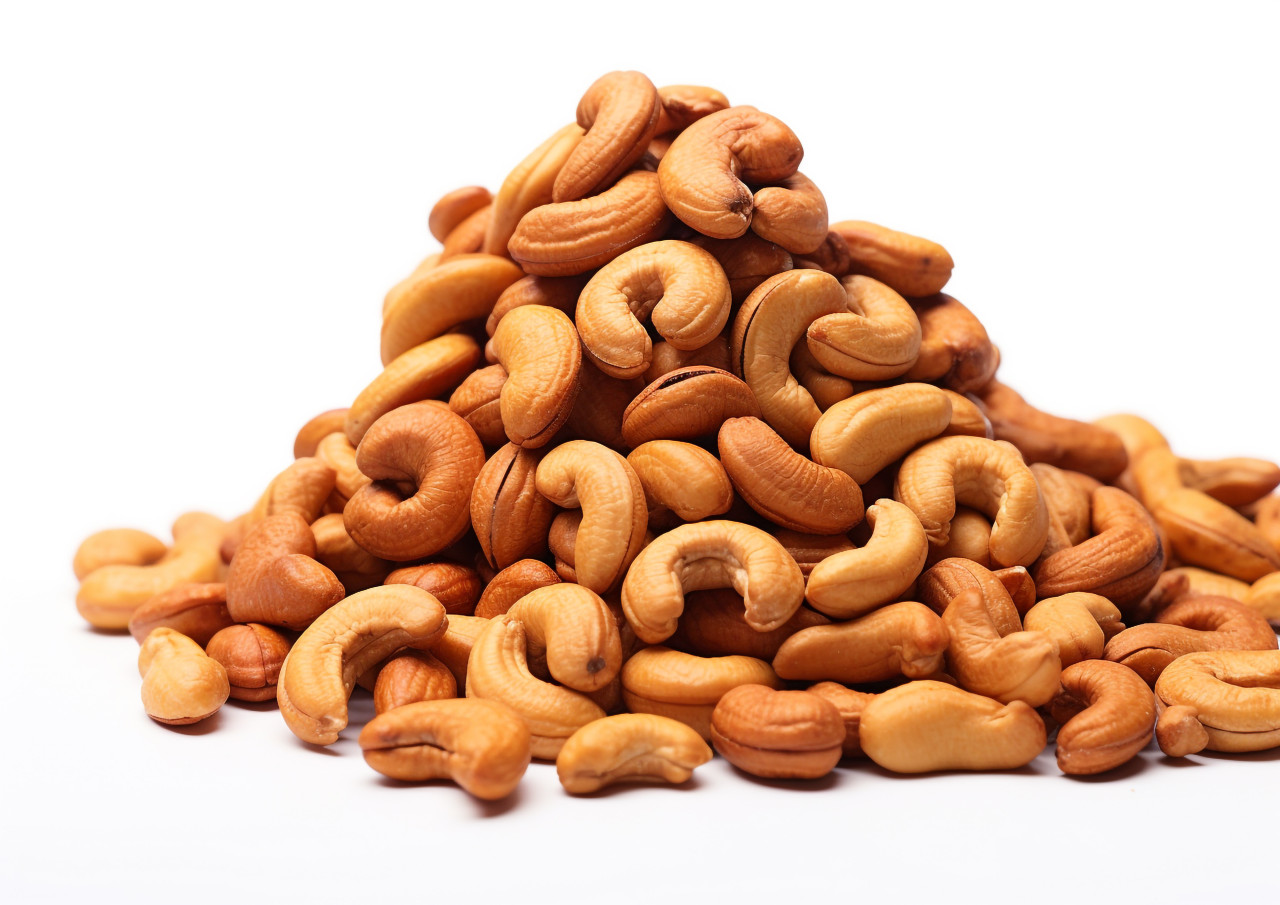 The pile of cashews on a white background, cashew image