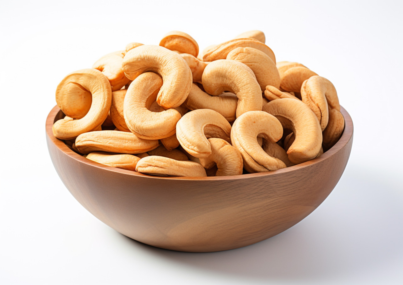 Cashews in a wooden bowl on a white surface, cashew image