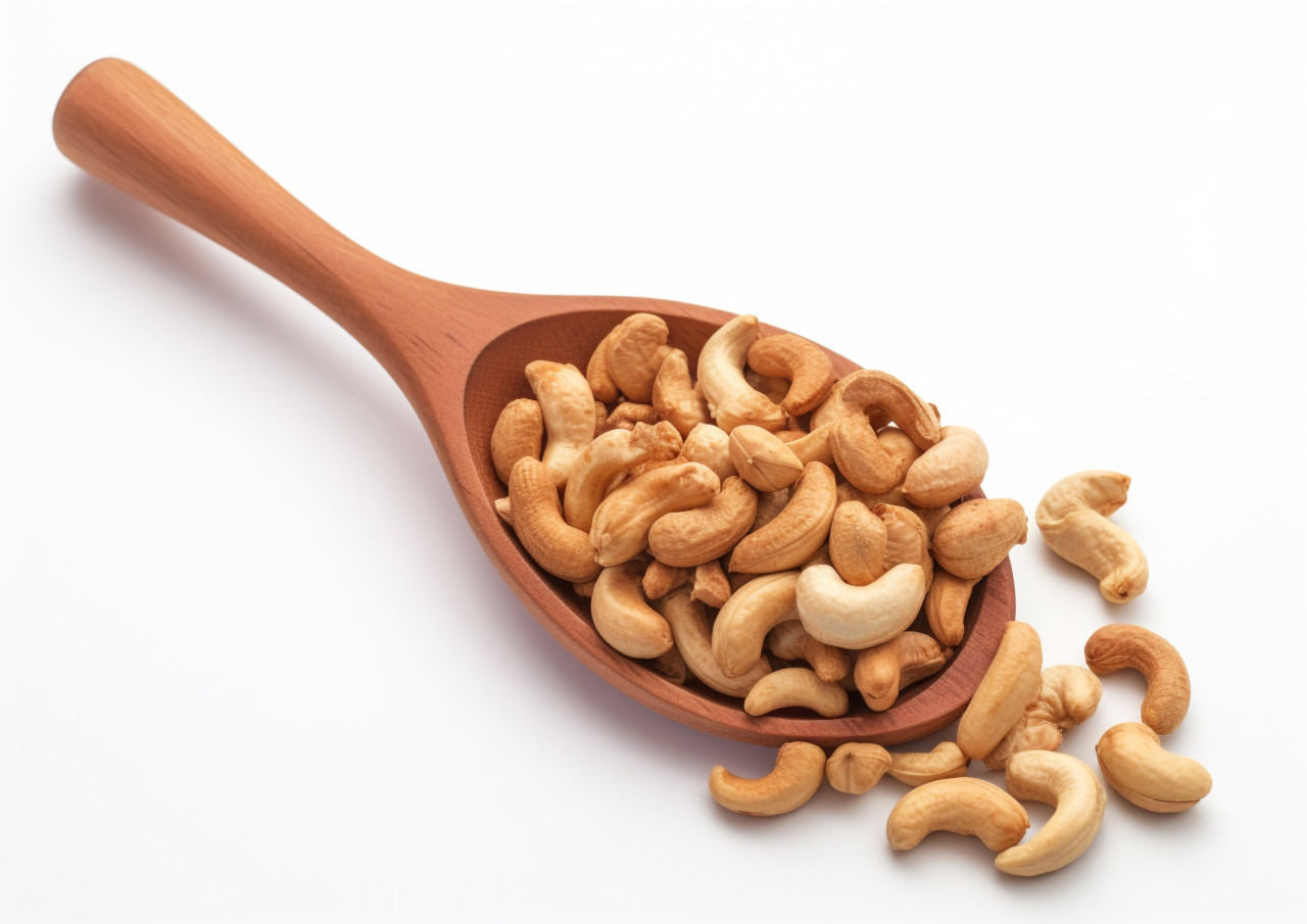 A wooden spoon full of cashews, cashew image