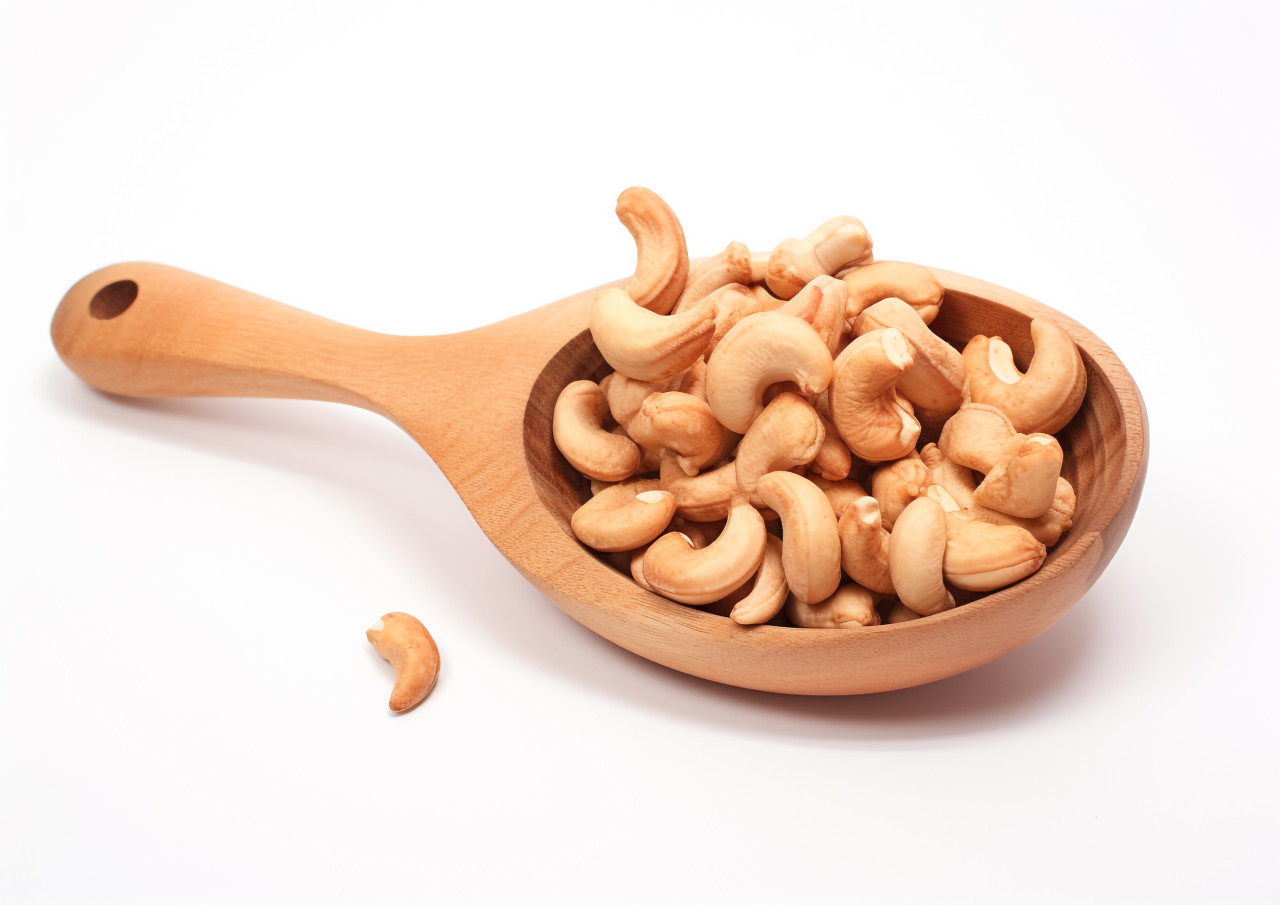 Wooden spoon with cashews, cashew image