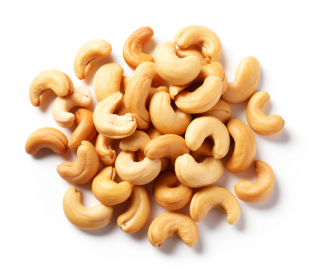 An image of roasted cashews on a white background, cashew image