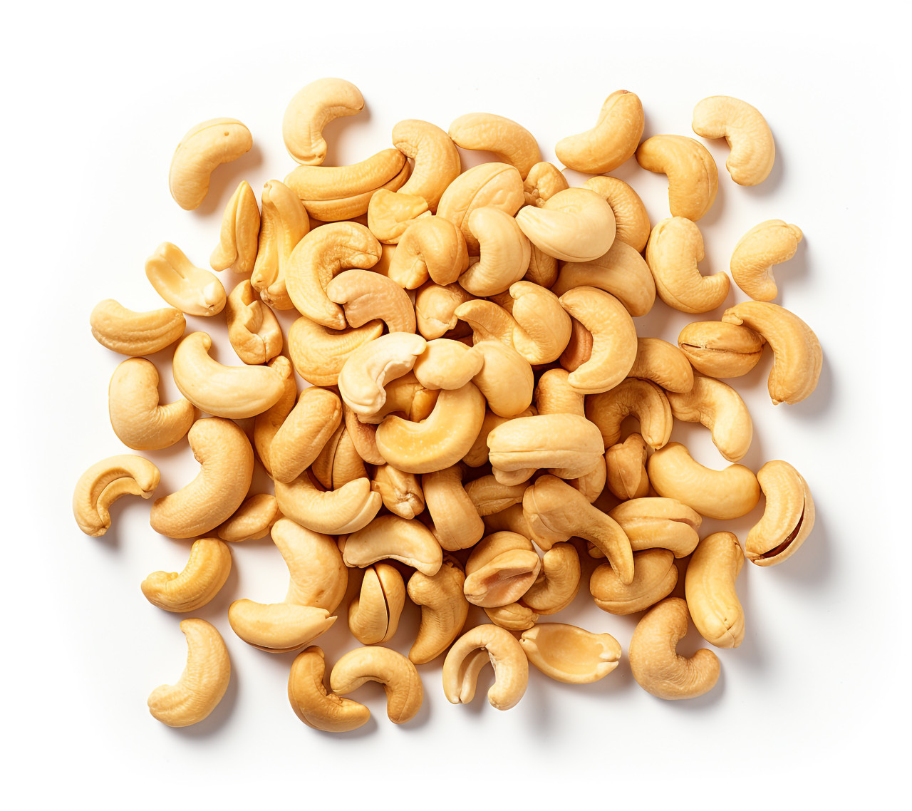 Roasted cashews on white background, cashew image