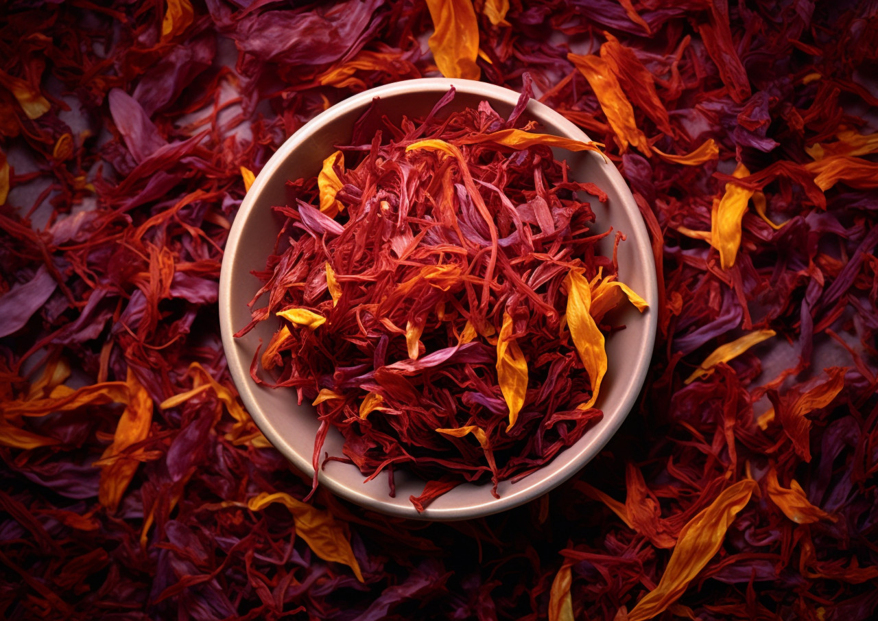 Pure saffron flakes in a square white bowl, saffron flower image