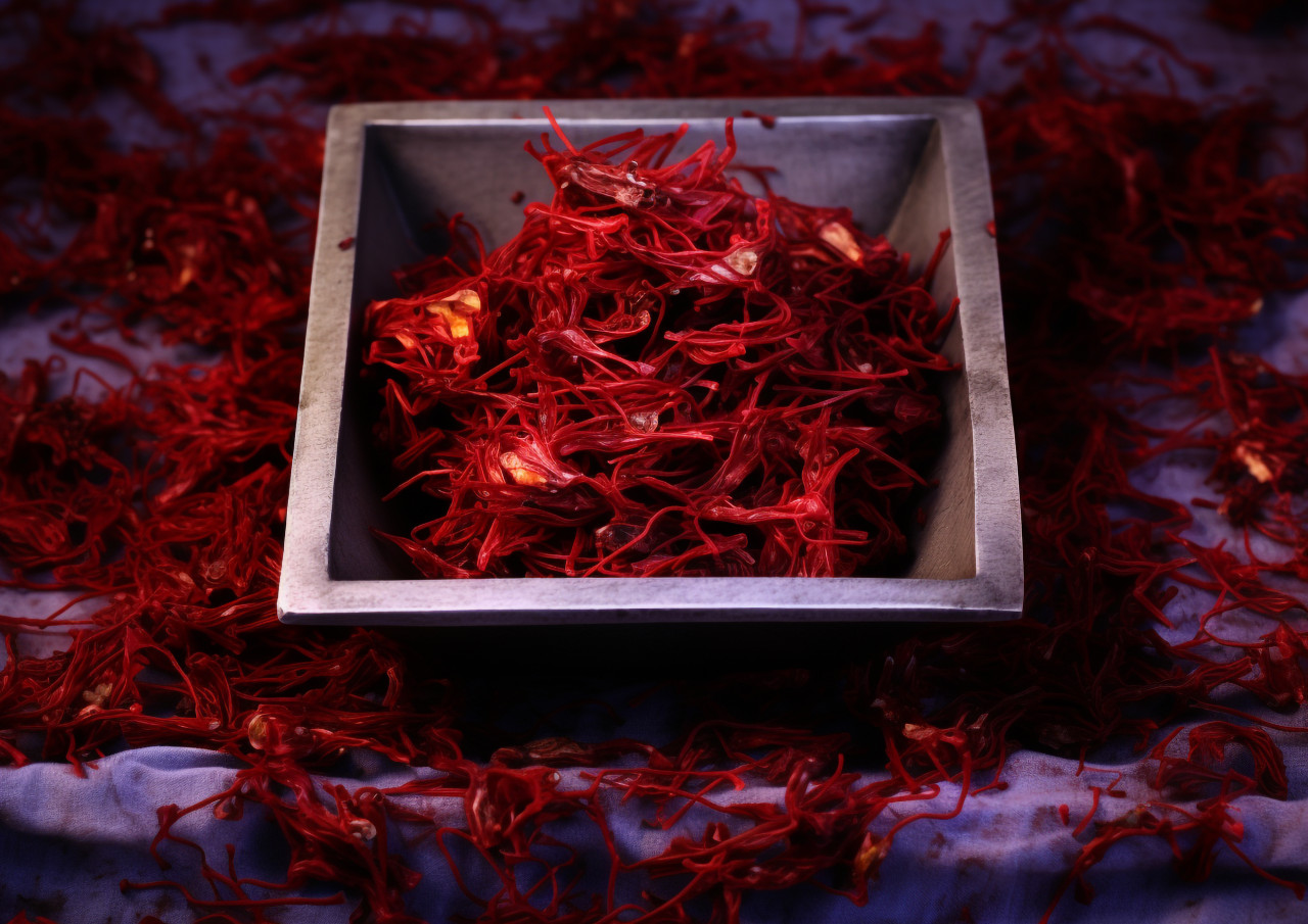 Saffron flakes in a white bowl, saffron flower image
