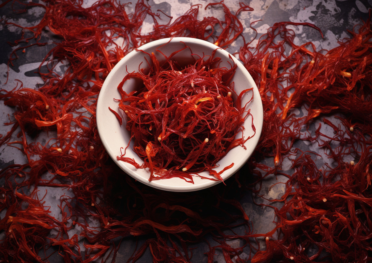 Rare saffron in a basic bowl, saffron flower image