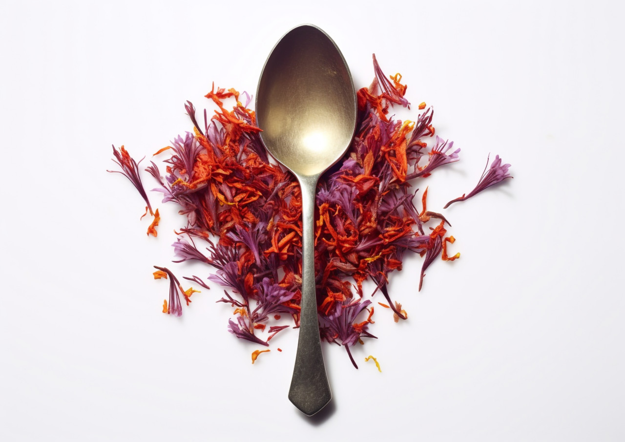A spoon is filled with red saffron flowers, saffron flower image