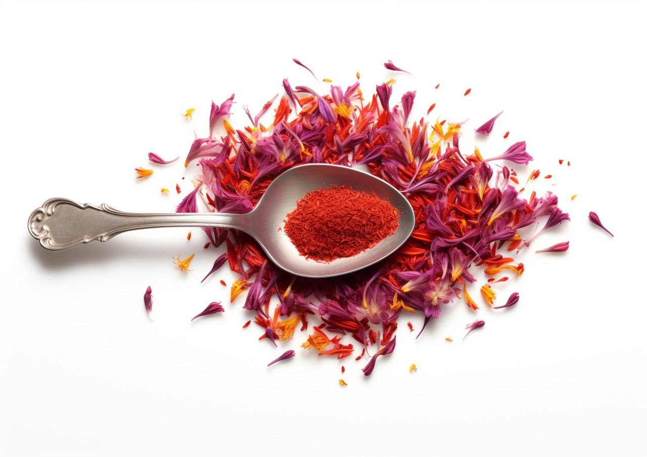 Red saffron flowers on a spoon, saffron flower image