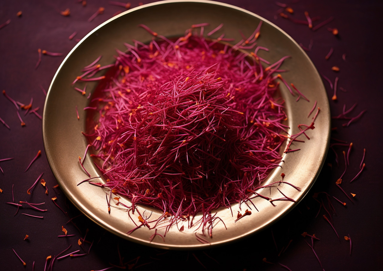 Small dish of saffron with seeds on white plate, saffron flower image