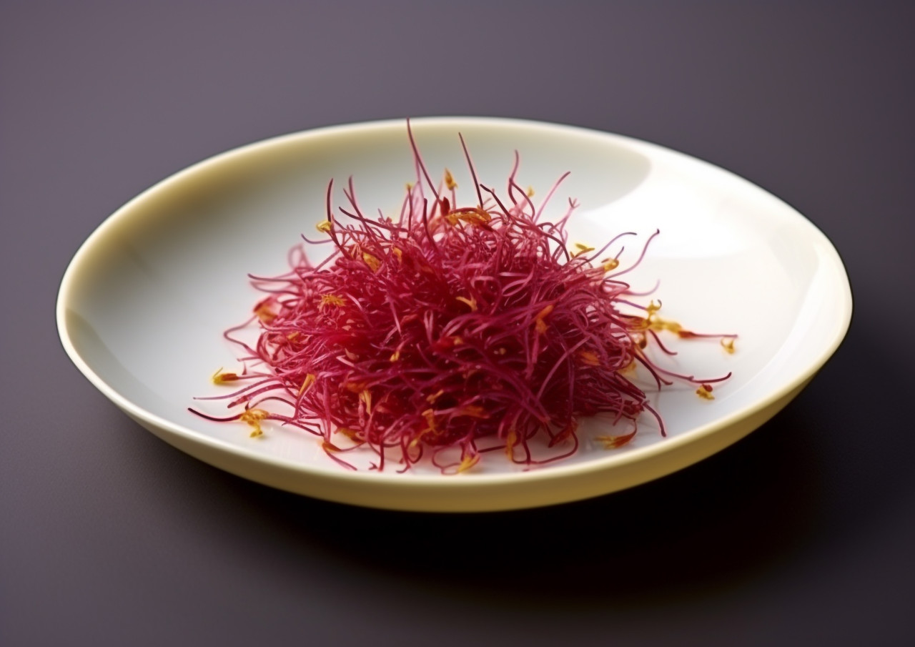 Saffron seeds in a small dish, saffron flower image