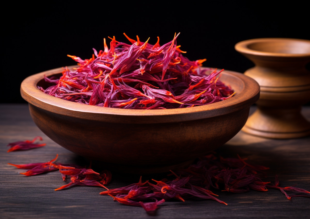 Saffron in a wooden bowl on black background, saffron flower image