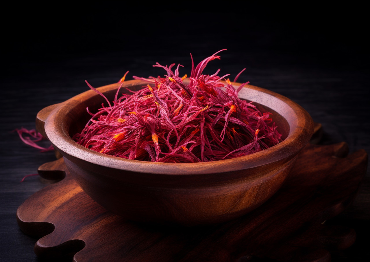 Saffron threads in a wooden bowl, saffron flower image