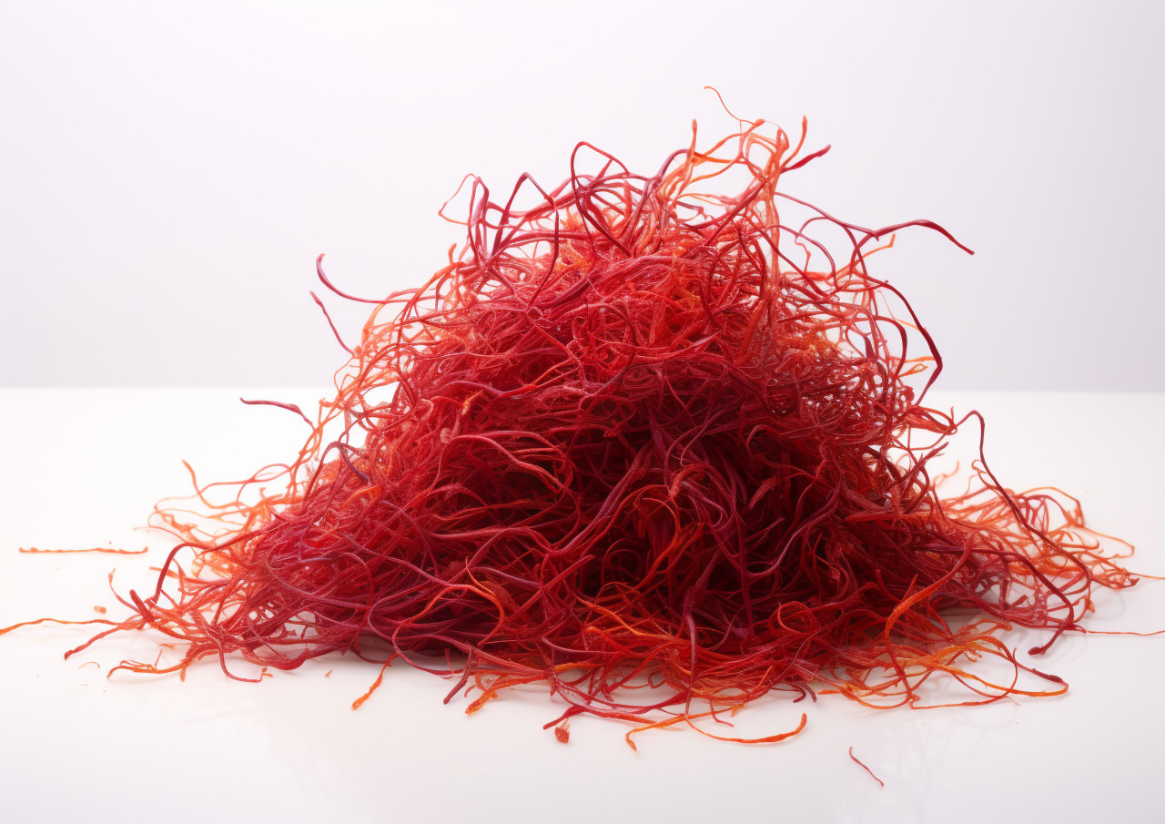 A pile of red saffron seeds is on the white surface, saffron flower image