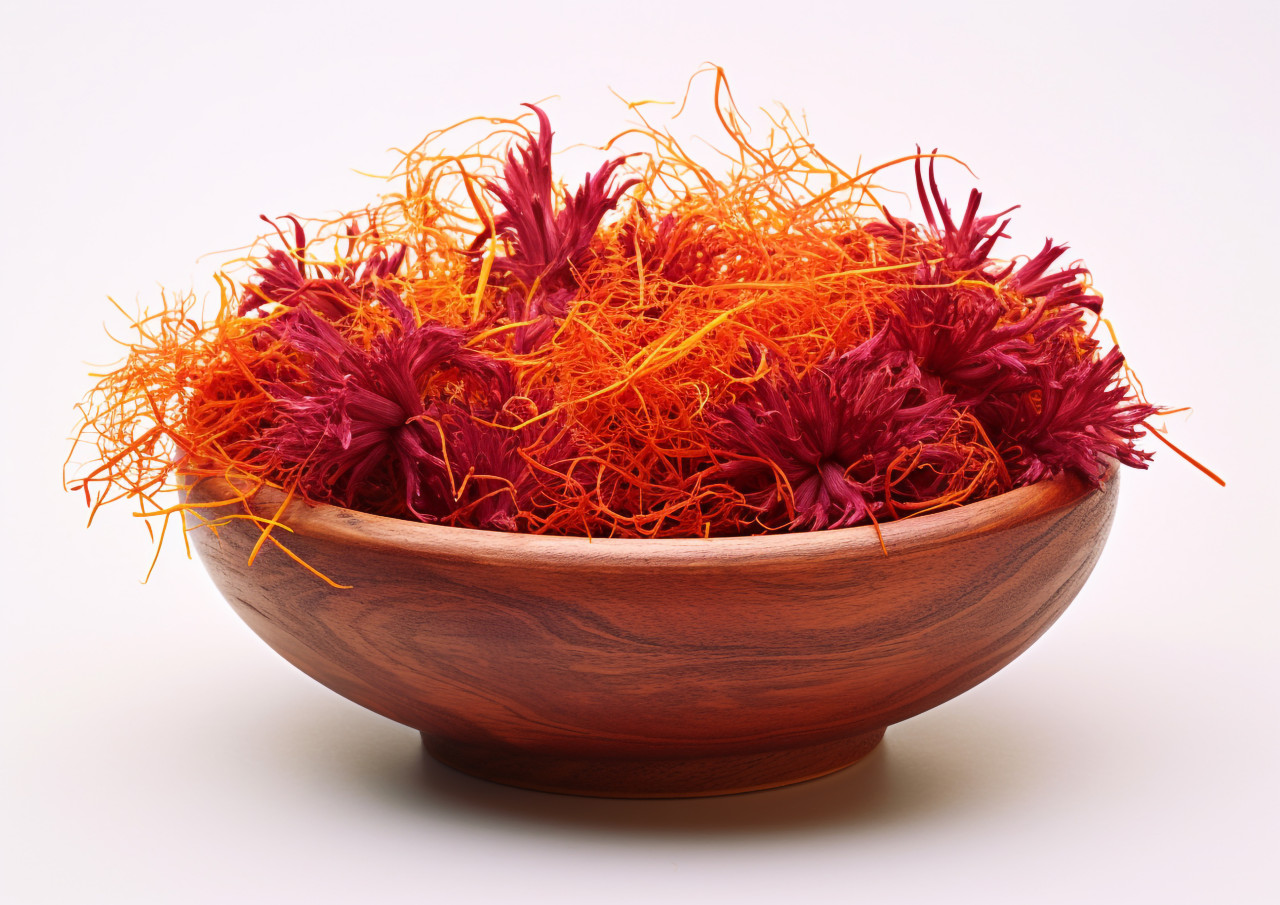 Saffron seeds in contrasting white, saffron flower image