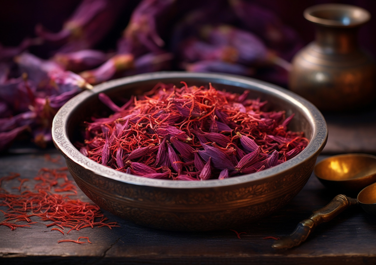 A bouquet of the herb saffron is in a small bowl, saffron flower image