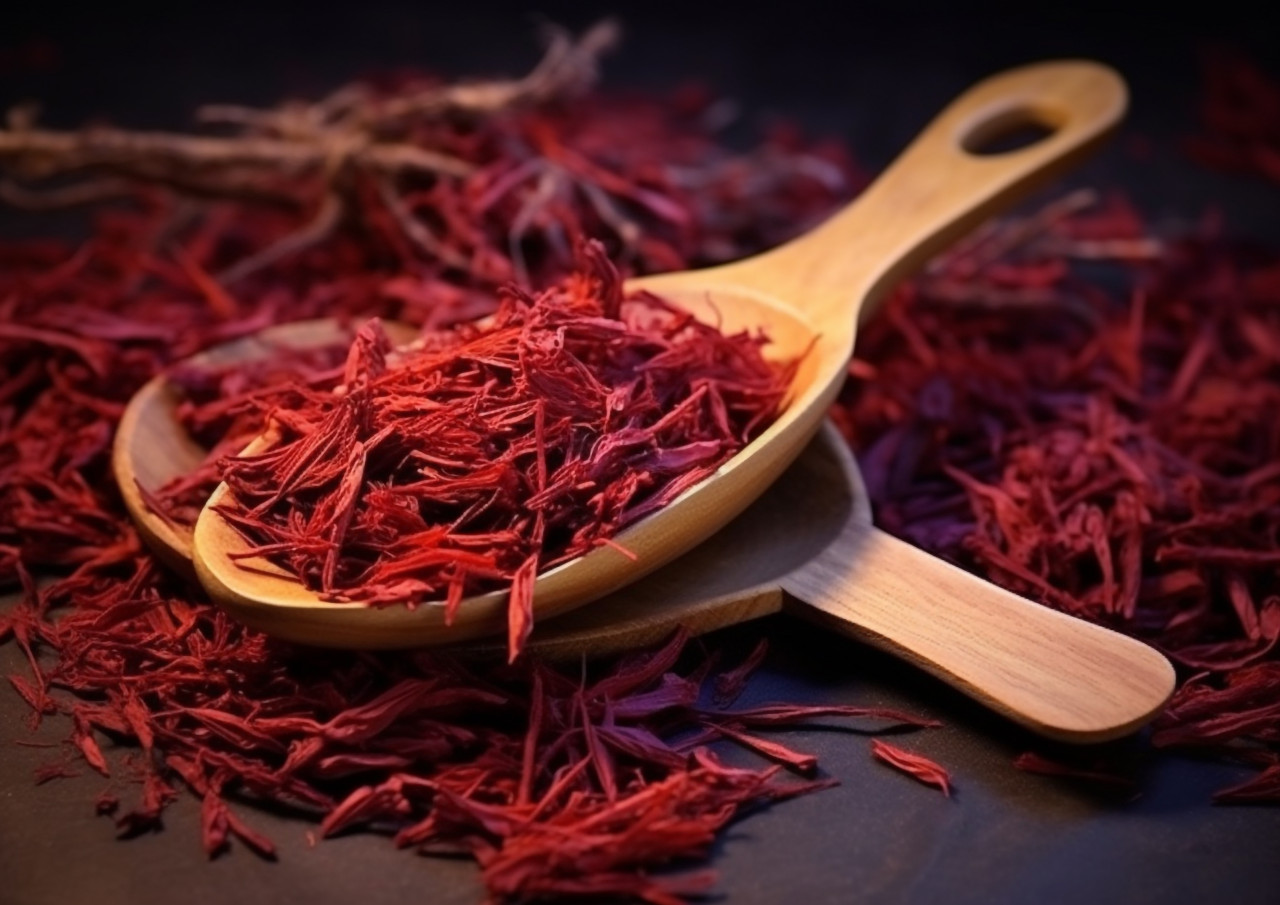 Red saffron leaves on a wooden spoon, saffron flower image