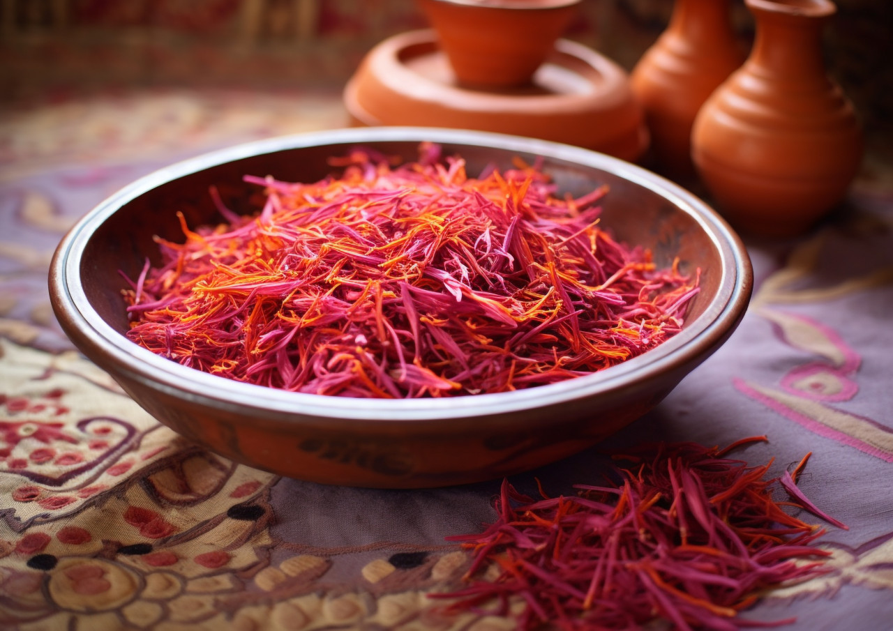 Saffron seeds on a bowl filled with dirt, saffron flower image