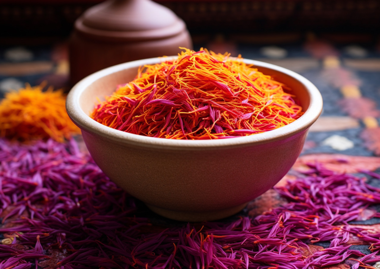 Saffron seeds in a white bowl on a dark tile floor, saffron flower image