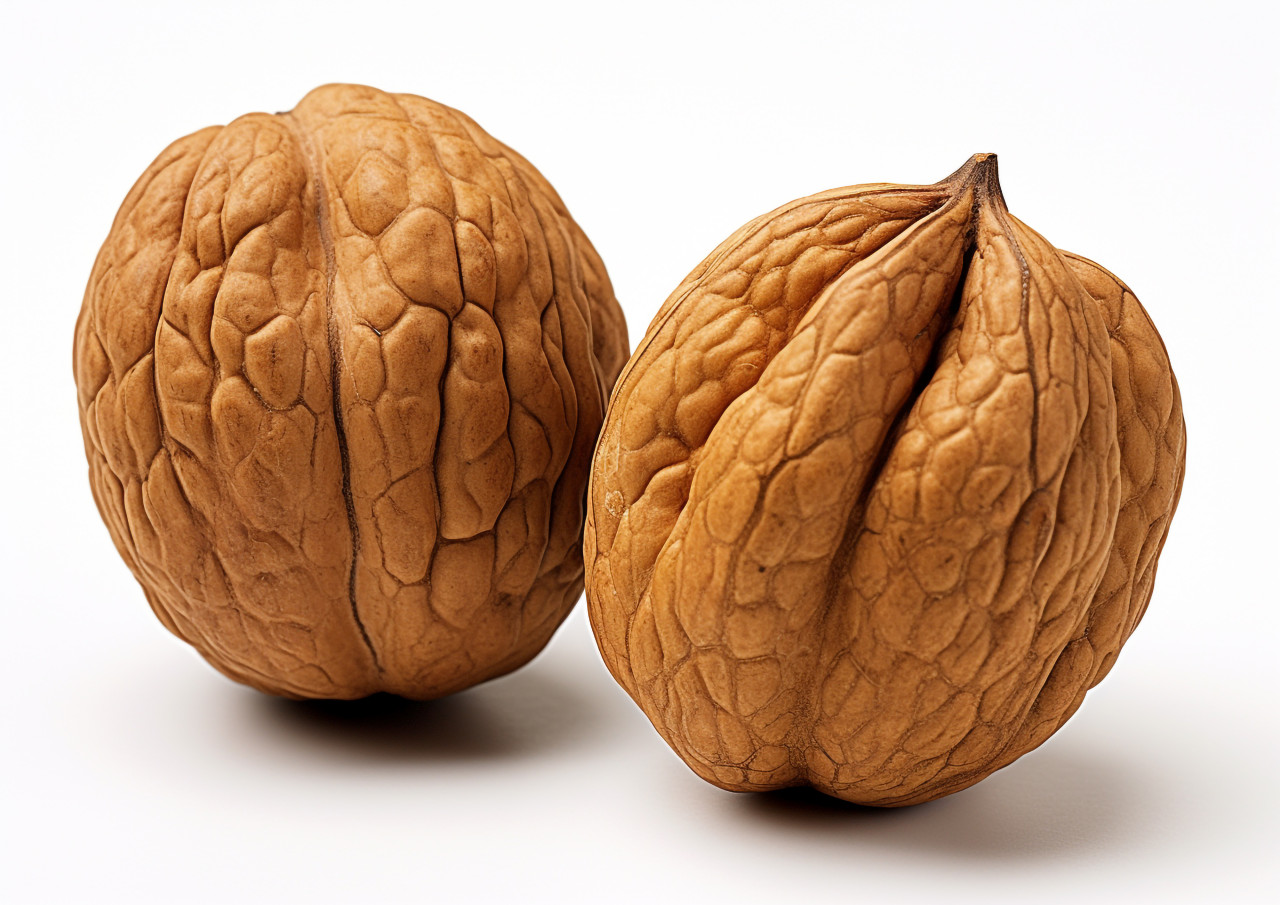 Two walnut nuts in a white background, walnuts image
